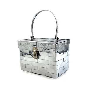 Vtg Basket Weave Silver Micro Box Clutch Handbag